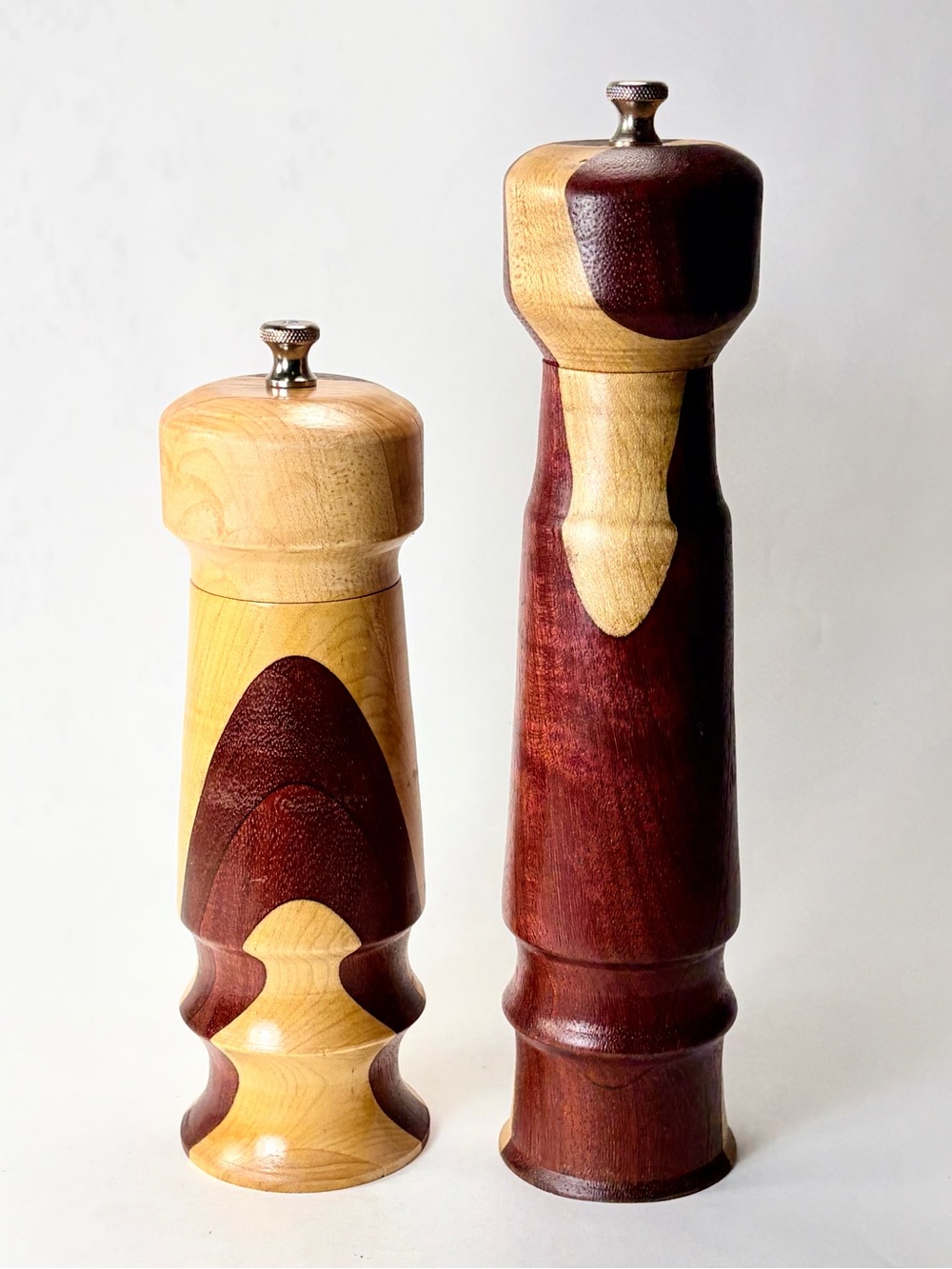 2 Handcrafted Two-Tone Natural & Dark Wood Wooden Salt and Pepper Mills